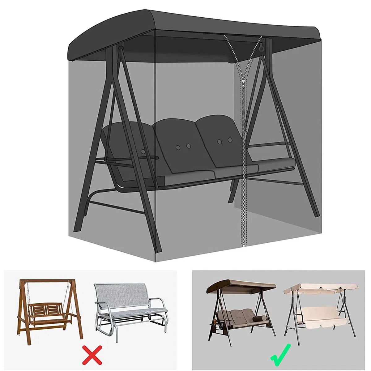 Mosquitera para Columpio, Mosquitera con Cremallera para Columpio de Jardín de 2/3 plazas, Funda Toldo Malla de Poliéster con Cremallera y Techo de Impermeable,205x125x205cm