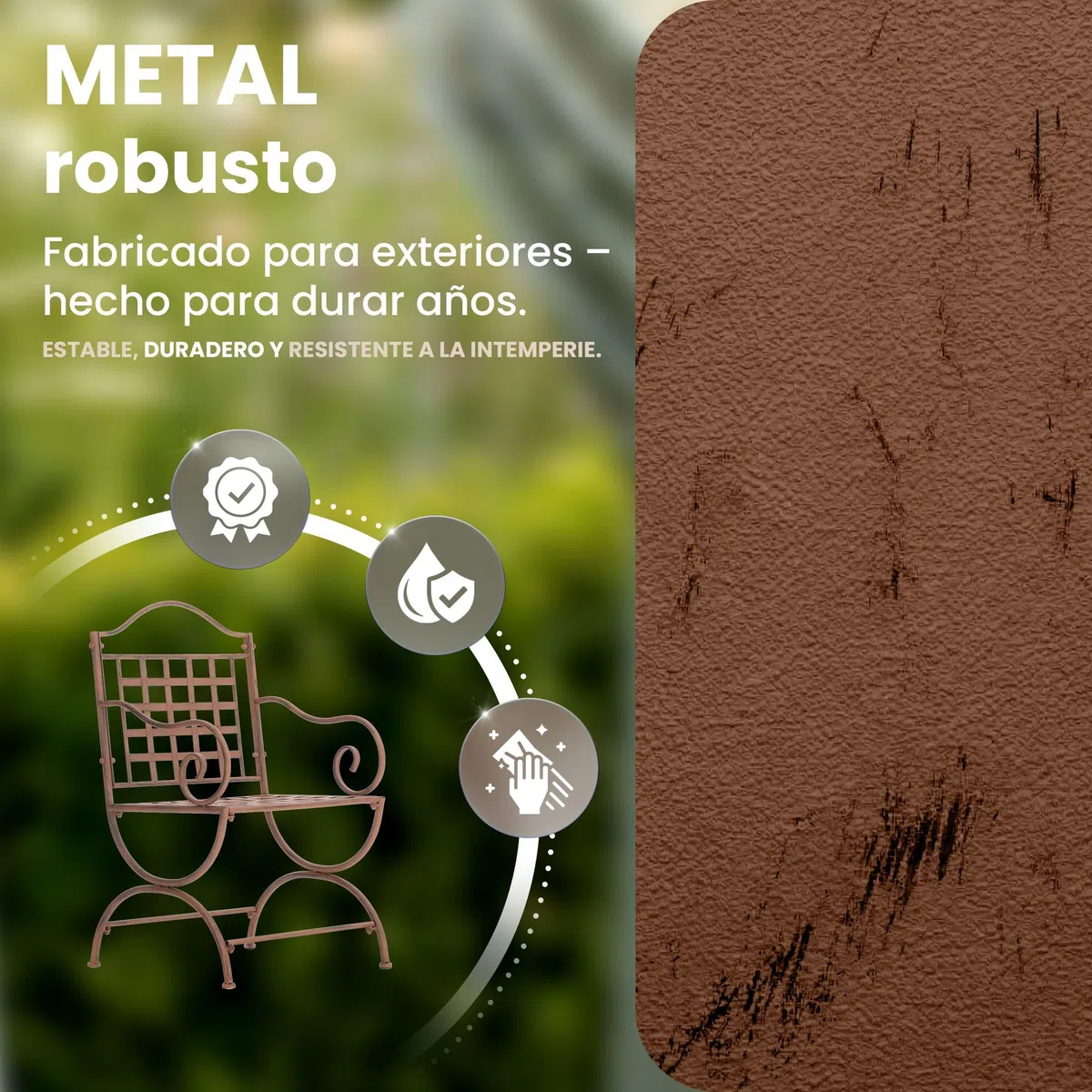 CLP Silla de Jardín Lotta de Metal, Hecha a Mano Estilo Art Nouveau, con Reposabrazos y Refuerzos, Hierro Antiguo, Robusta para Terraza y Jardín, Color:Antiguo marrón