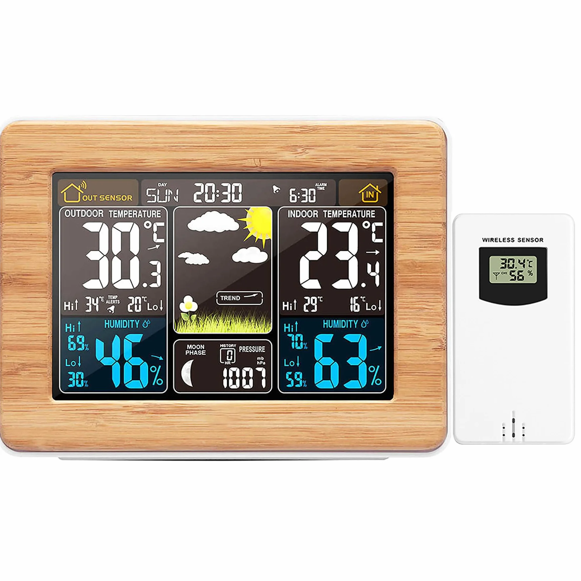 Estación meteorológica inalámbrica Digital Colorido Reloj de pronóstico meteorológico con Sensor al Aire Libre termómetro Interior Exterior con Hora, Fecha, Temperatura, Humedad, barómetro, Alarma,