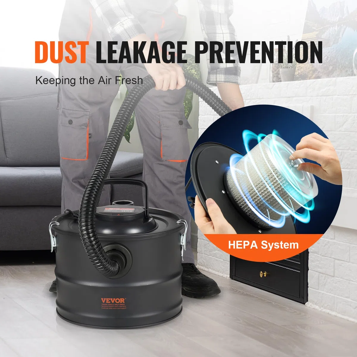 VEVOR Aspirador de Cenizas, 15 L, Potente Succión de 1200 W, con Succión Inversa, Cable de Alimentación de 3 m, 16 kPa de Aspiración Máxima, para Chimeneas, Estufas de Pellets, 320 x 315 x 250 mm