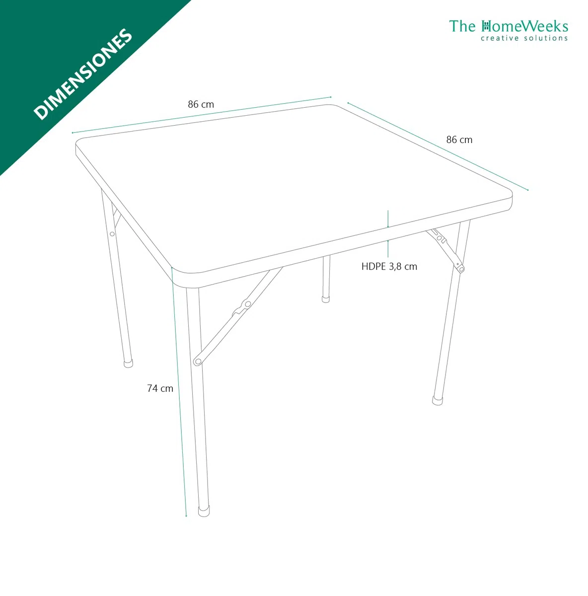 The Homeweeks Mesa plegable "SOLID SQUARE" 86*86*74cm | Portátil Multifuncional | Normativa Uso Público Interior/Exterior | EN 581-1/3 | Tablero Resina HDPE 3,8cm |4 Personas Carga 120 kg | Multiusos