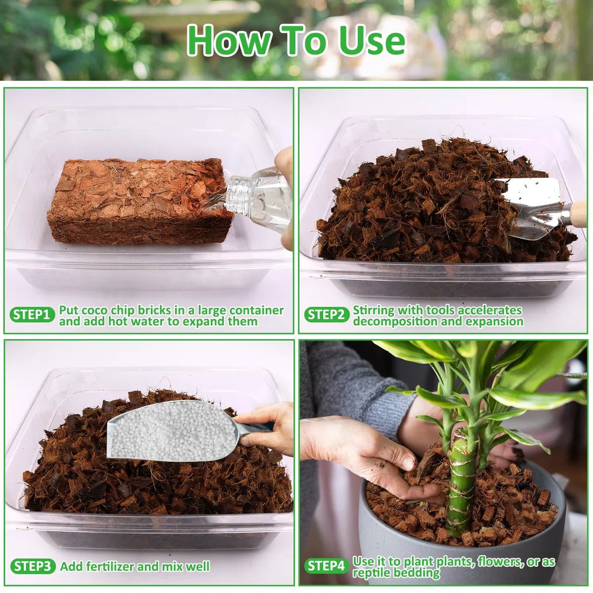 Riare Paquete de 4 chips de coco para plantas, sustrato de coco de alta expansión, mantillo de cáscara de coco para flores de jardín, hierbas, plantación (4)