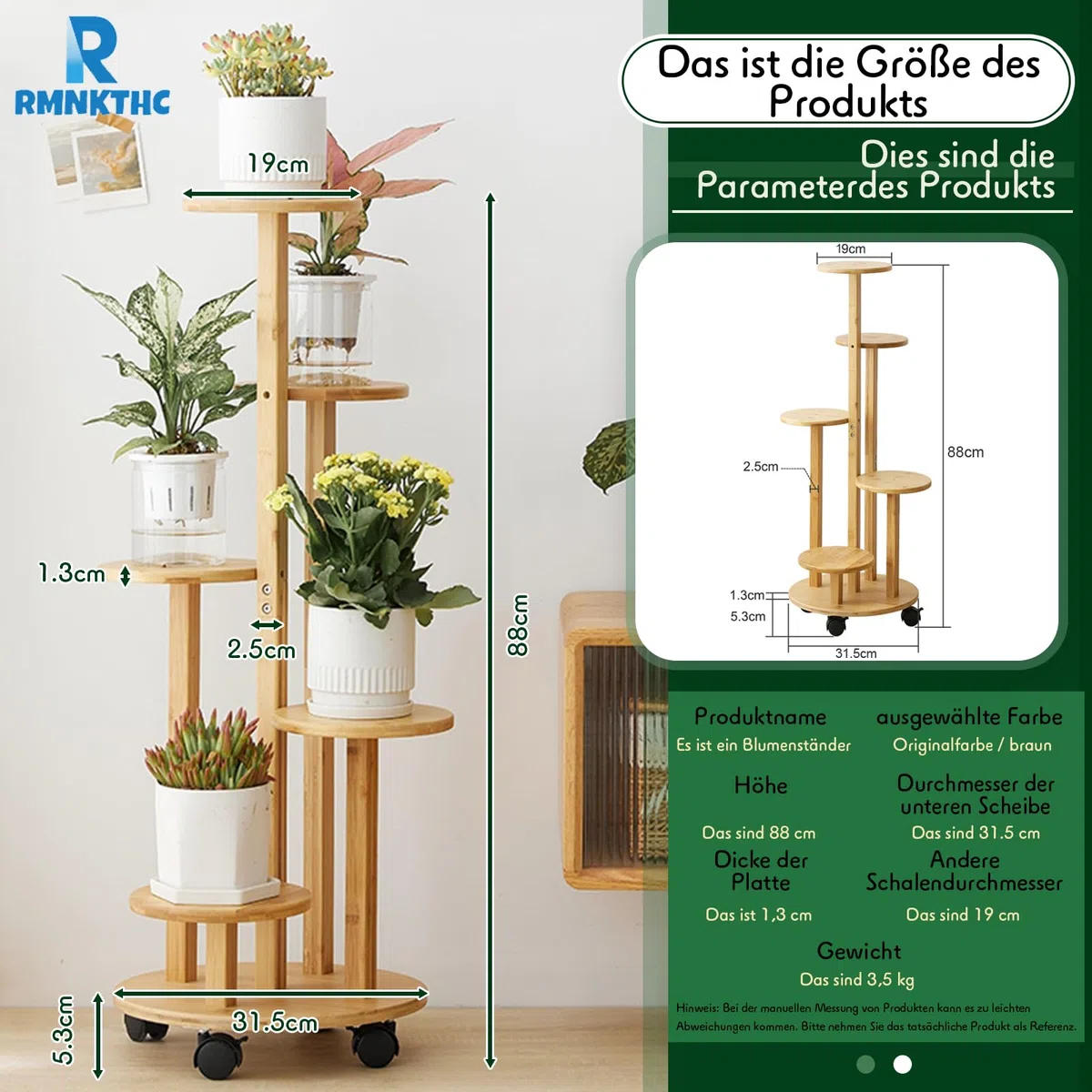 Estantería de bambú para flores con ruedas, 5 niveles, capacidad de carga de 20 kg, material natural resistente al agua, fácil montaje para salón, balcón, dormitorio (color madera)