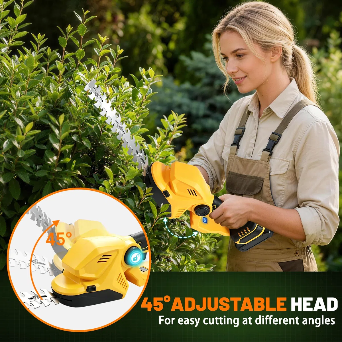 KingSom Tijeras Cortasetos y Arreglasetos 2 en 1, Corta Setos Jardin Electrico 21 V con Batería y Cargador, Pantalla Batería, Cortacetos Electrico, 2 Cuchillas - 23cm para Arbustos, 13.5cm para Césped
