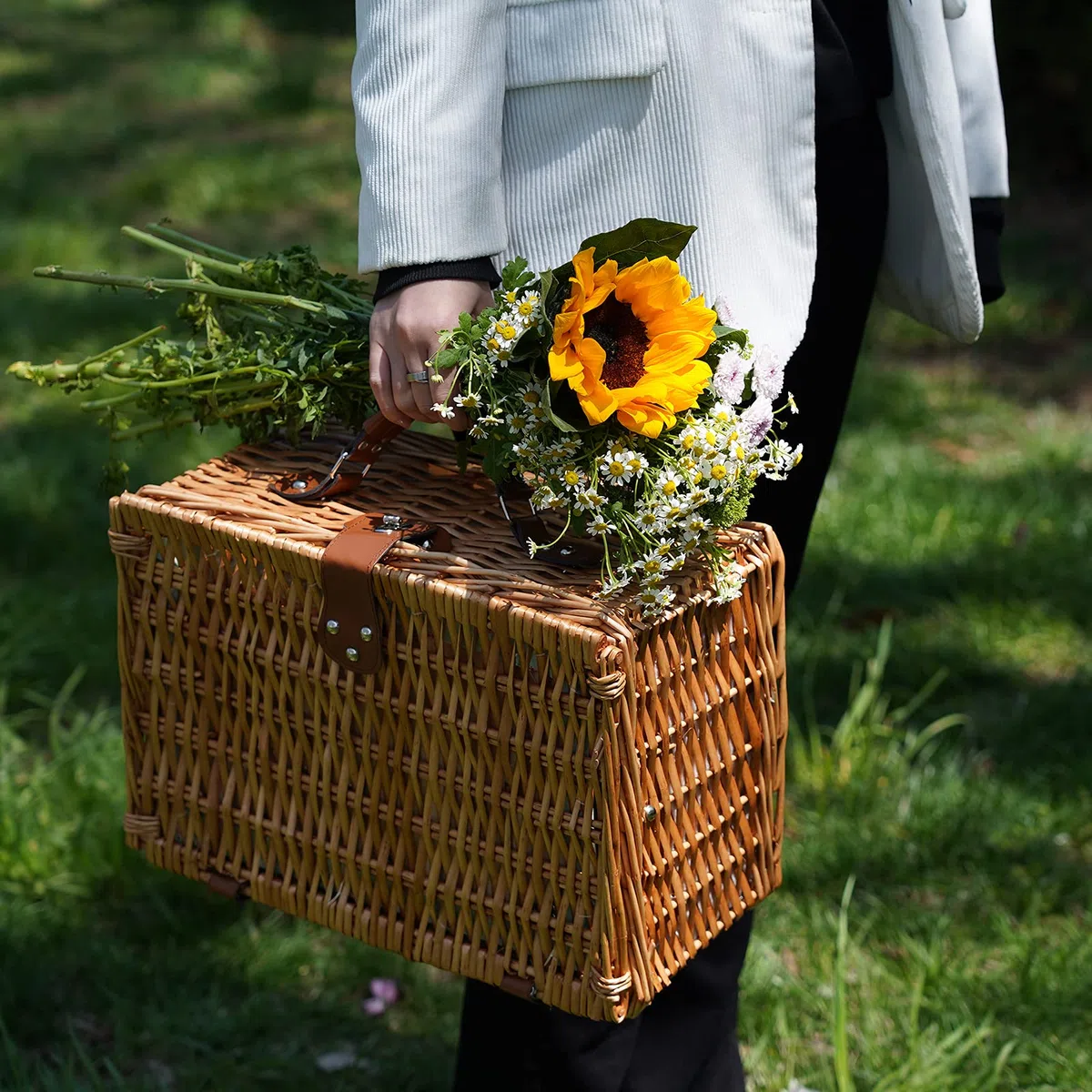 Cesta de Picnic de Mimbre para 2, Juegos de Cesta de Mimbre, Cesta de Picnic Hecha a Mano para 2 Personas con Cubiertos, Picnic, Flor de Camping