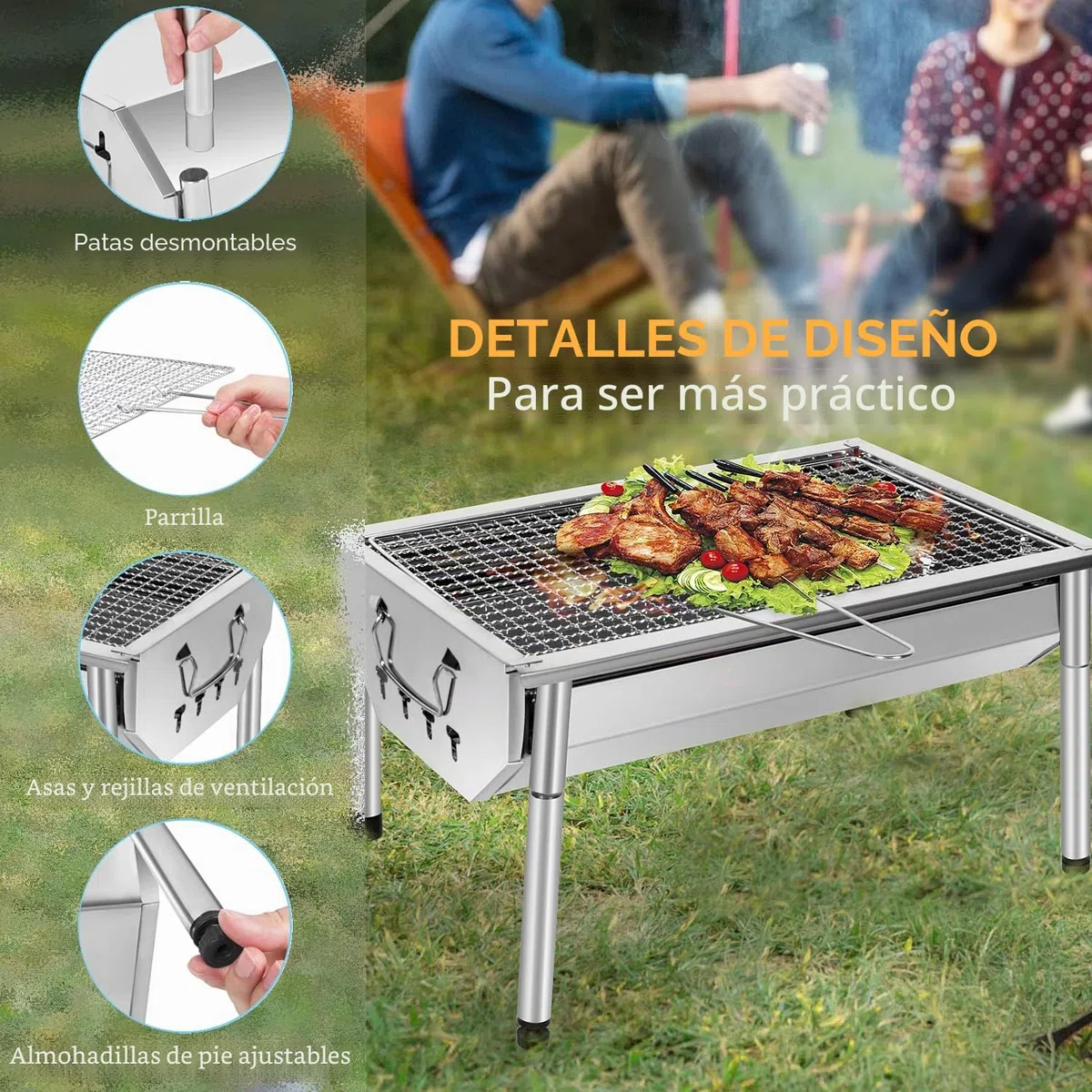 Barbacoa de carbón de madera inoxidable ajustable barbacoa desmontable de acero portátil barbacoa al aire libre parrilla de pie para jardín de picnic camping