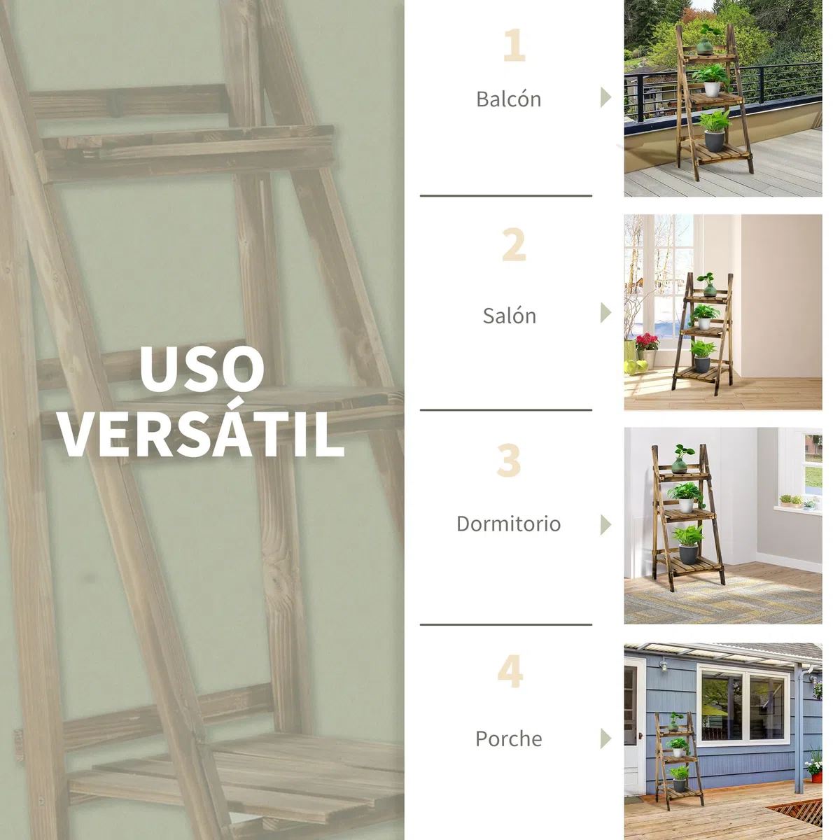 Outsunny Soporte para Plantas de Madera de 3 Niveles, Estantería para Plantas Plegable con Base de Listones, Soporte para Macetas para Interior y Exterior, Terraza, Jardín, 40x37x93 cm, Carbonizado