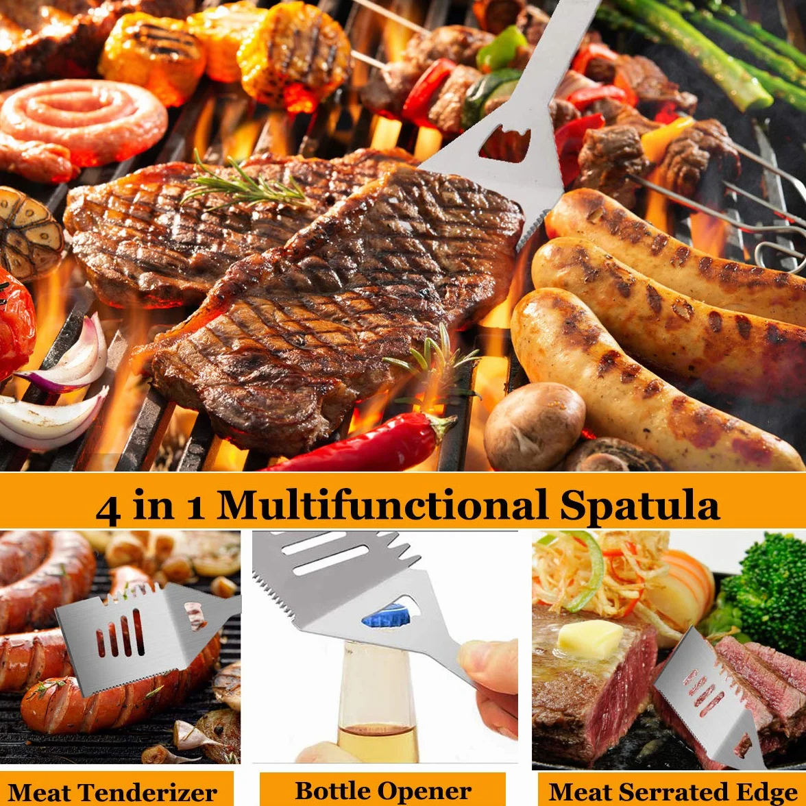 MUJUZE Kit Barbacoa,Regalo para Hombres Utensilios Barbacoa,21 Piezas Kit de Barbacoa Camping Profesionales de Acero Inoxidable,con Delantal para BBQ