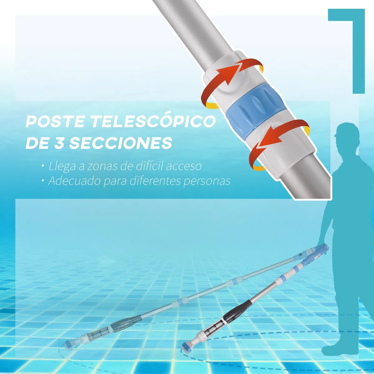 Outsunny Limpiafondos Eléctrico para Piscinas de Aluminio Limpiafondos de Piscinas Manual con Poste Telescópico de 3 Secciones para Estanques Ø6x106-162 cm Azul y Blanco