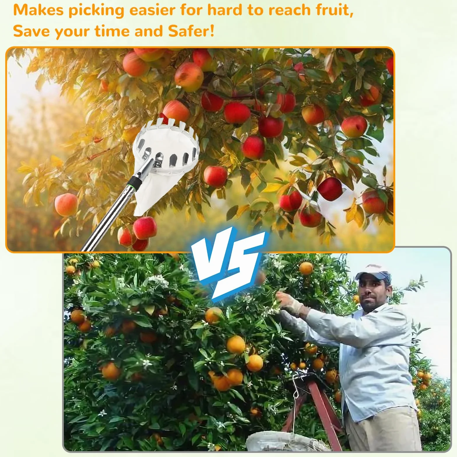 4m Recogedor de Frutas Telescopico, Diámetro de 16 cm, Recogedor de Cerezas con Bolsa de Algodón, Recogedor de Frutas de Acero Inoxidable, Cesta Recogedora de Manzanas para Peras Cerezas Ciruelas