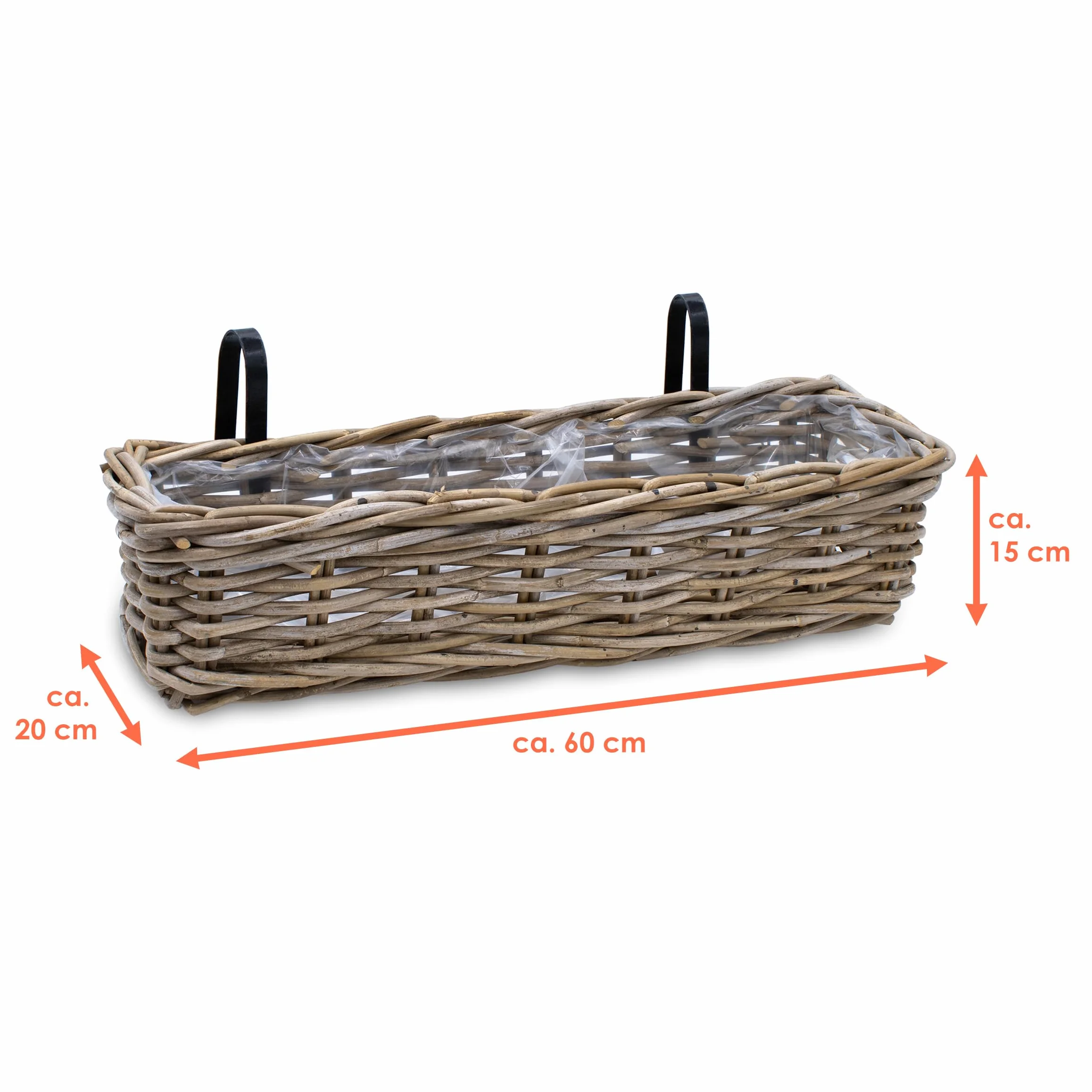 Spetebo Set de 2 maceteros de ratán natural para balcón 60 x 20 cm - Cesta de mimbre con soporte - Macetero para colgar en barandillas de balcón, jardín, macetero para flores