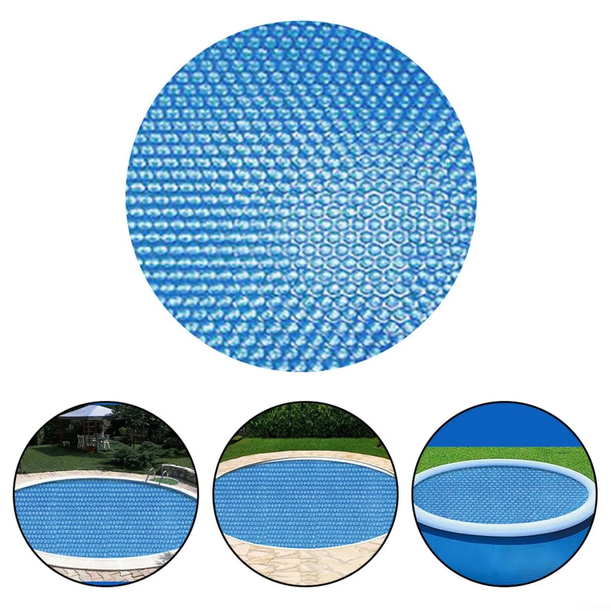 1 cubierta de manta solar redonda para piscina sobre el suelo, película de burbujas de polietileno, retención de calor y protección contra escombros, azul 300 cm, jardín al aire libre para uso de ocio