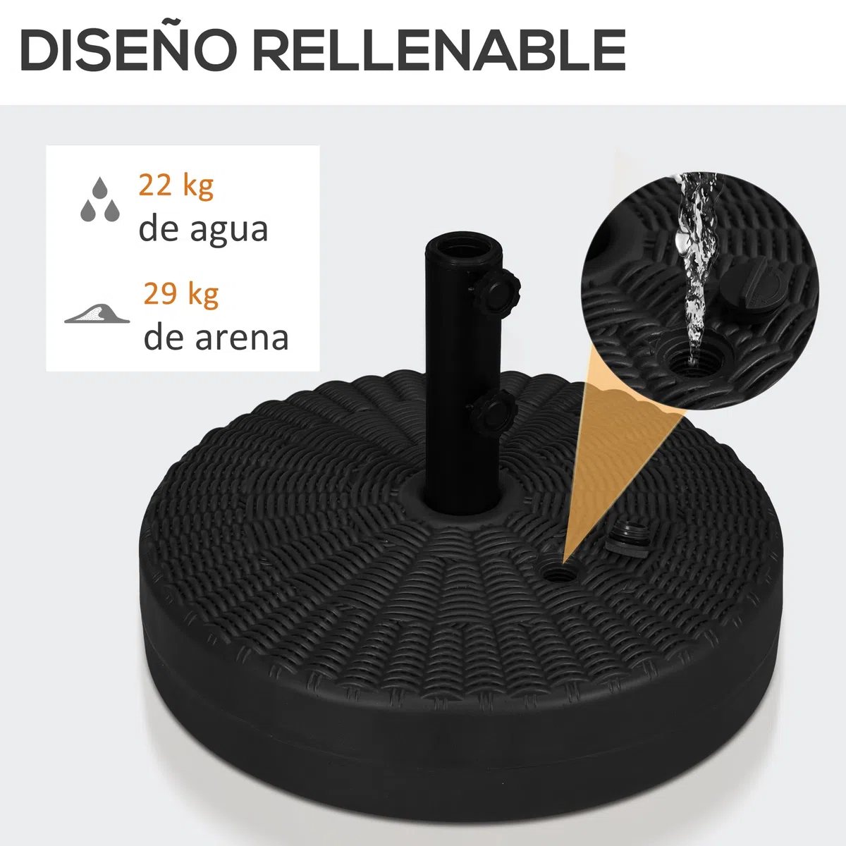 Outsunny Base de Sombrilla Redondo Soporte para Parasol Rellenable de Agua 22 kg y Arena 29 kg para Poste de Parasol de Ø38/48 mm Superficie de Imitación de Ratán Ø51x36 cm Negro