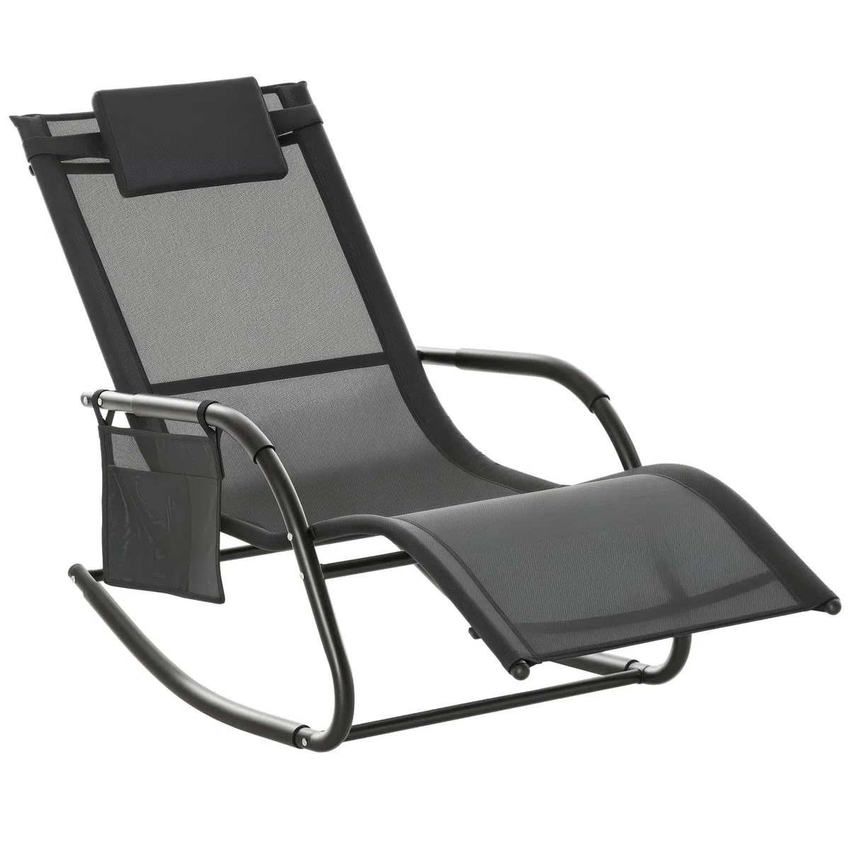 Outsunny Mecedora de Exterior Tumbona Mecedora con Reposabrazos Reposacabezas Acolchado y Bolsillo Lateral Carga 120 kg para Jardín Terraza Patio 150x62x88 cm Negro