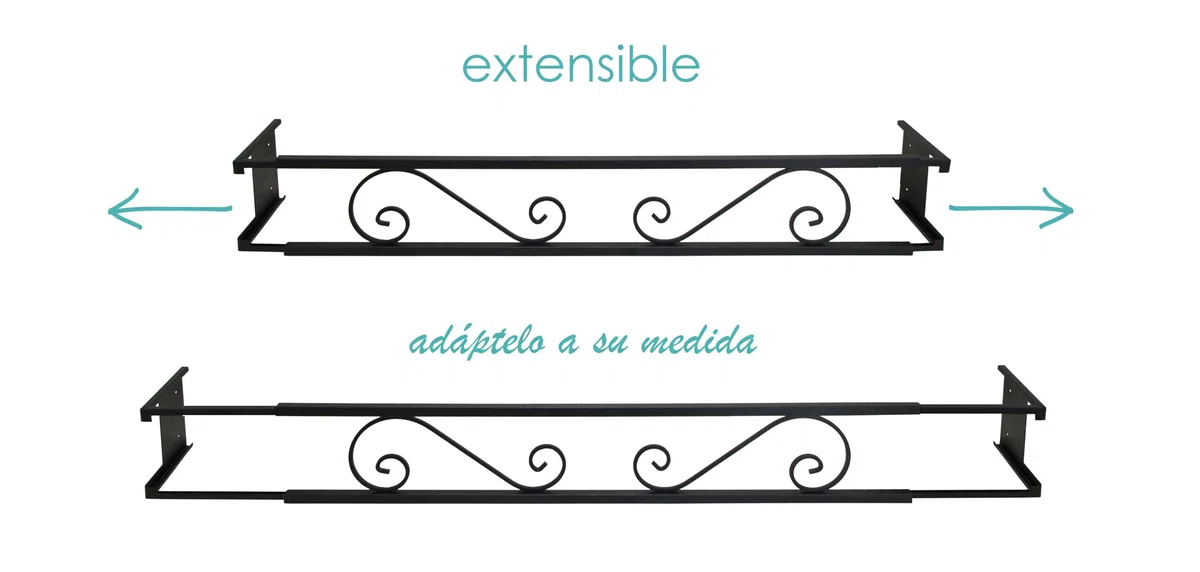 Balconcillo para Macetas Extensible 100-140 cm, Balconcillo para Plantas, Portamacetas Ventana, Protector de macetas, Modelo Volutas, Gris