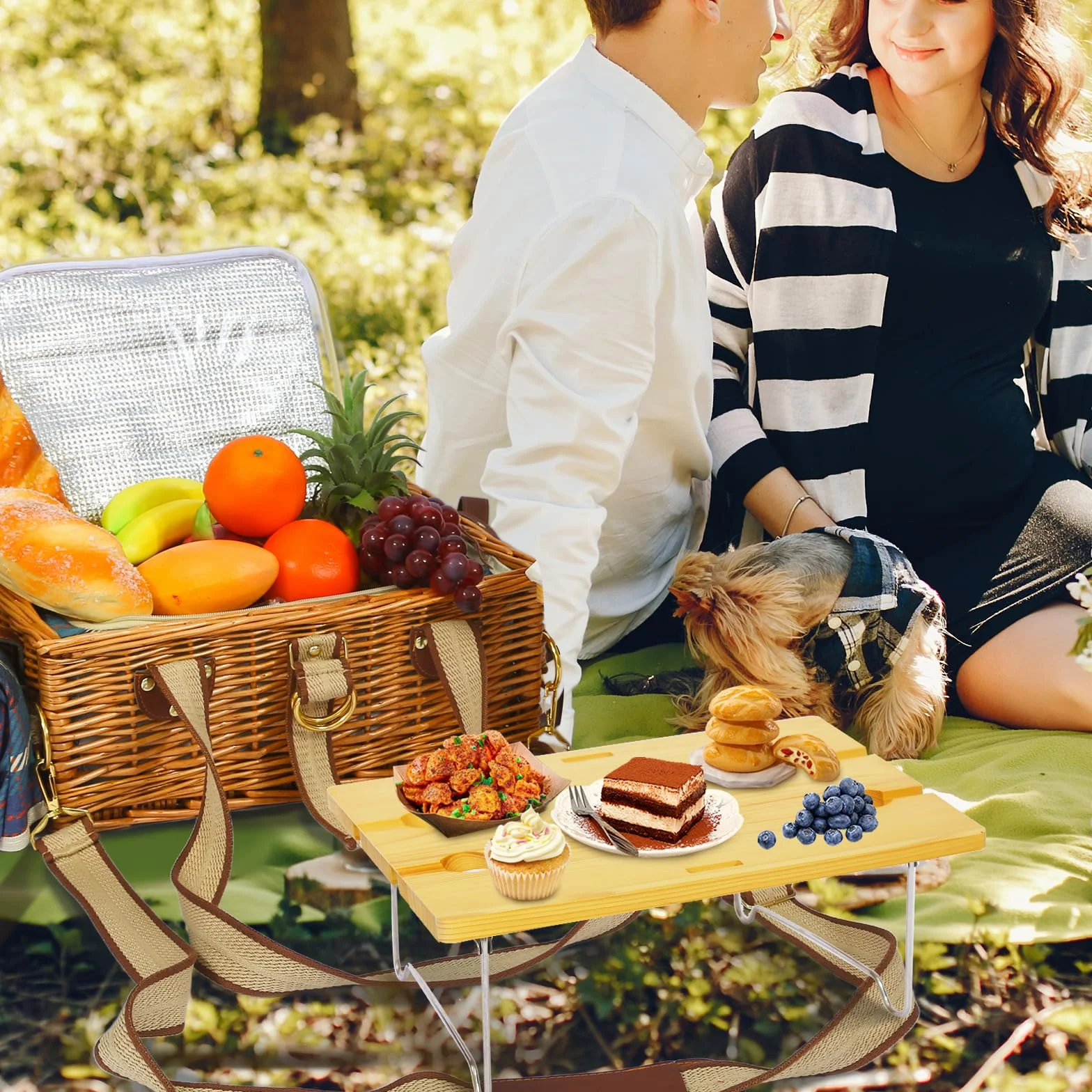 Set de cesta de picnic con mesa plegable y juego de cubiertos, cesta de picnic para 4 personas con bolsas de hielo, cesta de mimbre con asa, cesta de mimbre set de regalo para picnic, camping