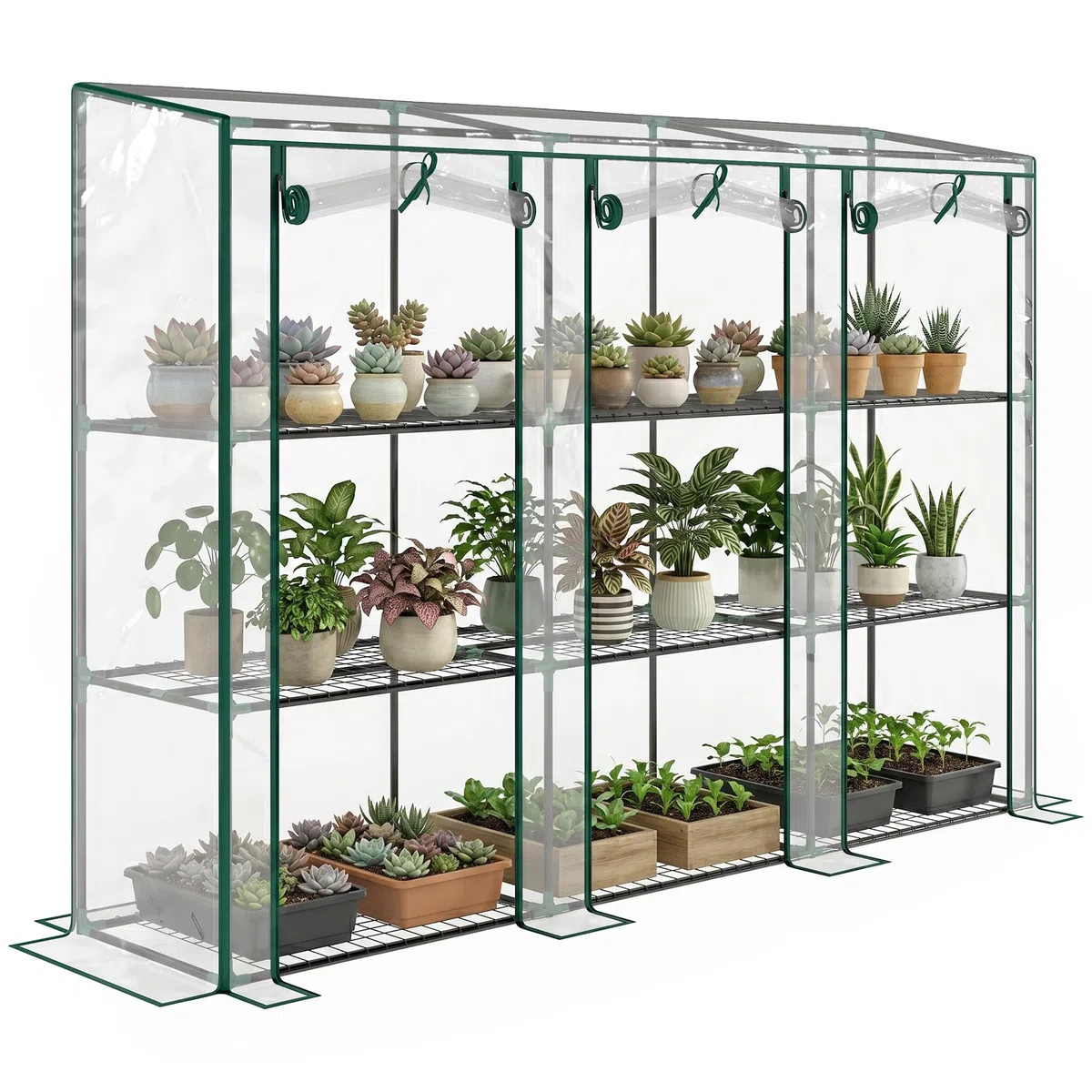 Outsunny Invernadero de Exterior de 3 Niveles Invernadero de Jardín con 9 Estantes Puerta Enrollable con Cremallera Marco de Acero Cubierta de PE 140g/m² Anti-UV para Terraza 215x46x151cm Transparente