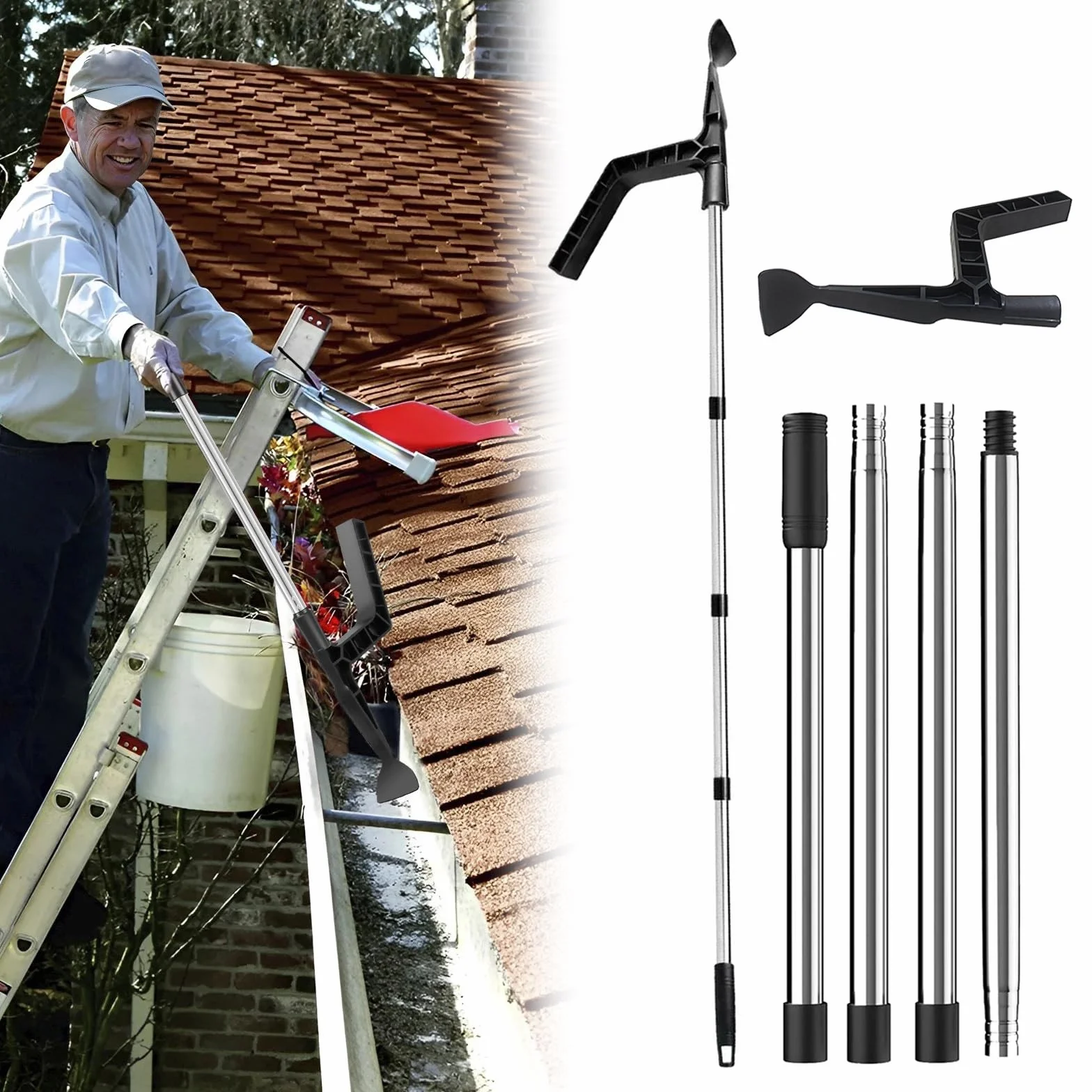 Dachrinnenreinigungswerkzeug, Dachrinnenreiniger,Dachrinnen-Werkzeug Reinigungslöffel und Schaufel mit Haken,Gewindedesign, Kanalisation,Guard Cleaning Tool,Dachrinne-Reinigungswerkzeug