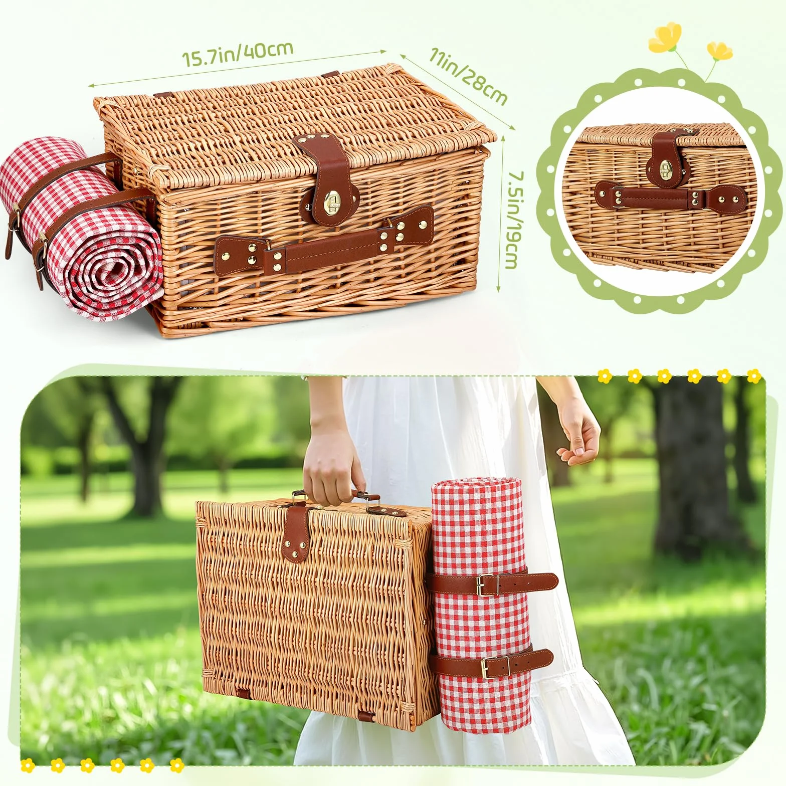 Cesta de Picnic Mimbre para 4 Personas, Cesta Trenzada a Mano con Aislamiento Integrado y Manta Impermeable – Set Completo con 4 Cubiertos, Platos, Vasos para Camping Playa jardín