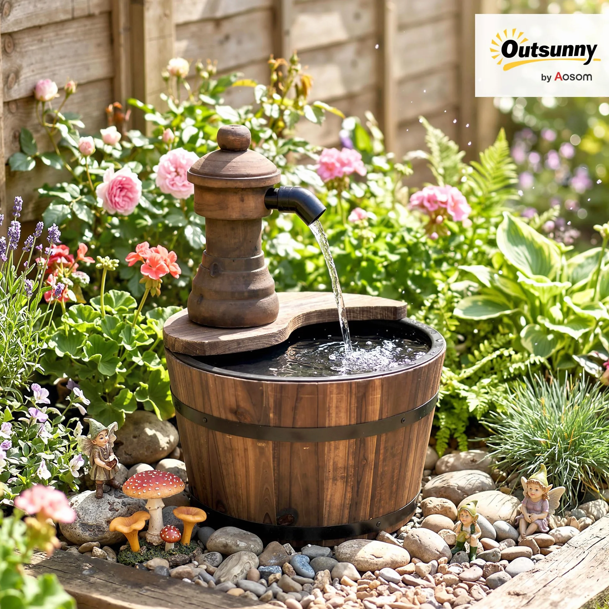 Outsunny Fuente de Agua de Madera Fuente de Jardín en Cascada con Bomba Eléctrica y Salida de Agua Ajustable para Decoración Patio Terraza 27x27x37 cm Natural