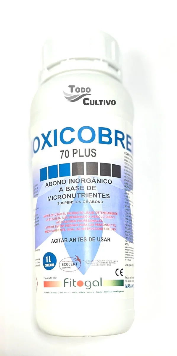 Oxicloruro de cobre 70% en 1 litro. Cobre liquido de color azul para tratamientos foliares de olivo, hortalizas... tomates, pepinos