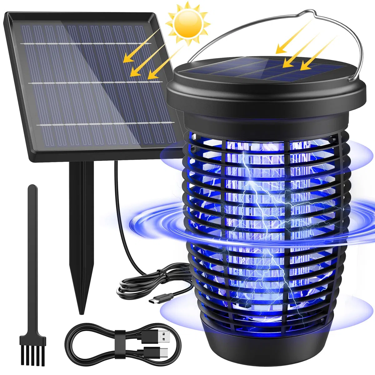 PALONE Lampara Antimosquitos Solar Type-C 4500v con Cable De 3,5 M, Antimosquitos Electrico Panel Solar de 5,5 W, Adecuado para Acampar y para Interiores y Exteriores