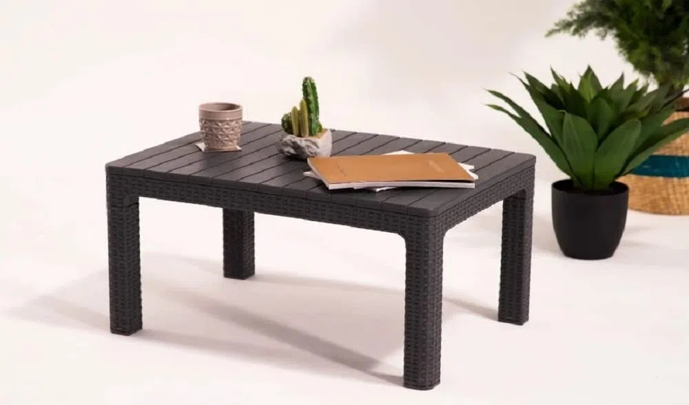 Violet Mesa Auxiliar Plástico, Imitación Ratán, 90x60x44 cm, Mesa de Café, Mesa Exterior Marrón Oscuro Casi Negro