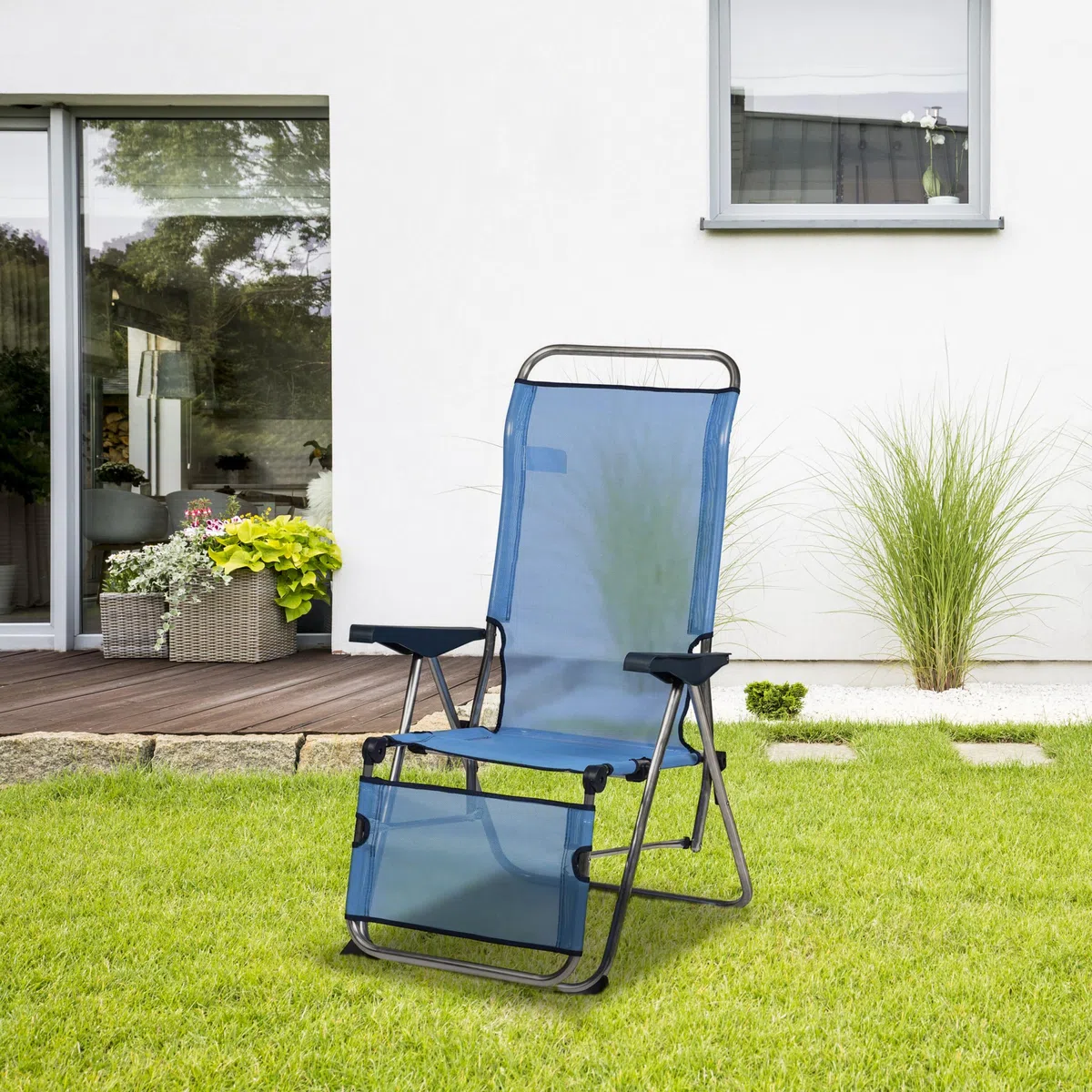 Silla de Playa y JardínPlegable Reclinable con Respaldo Anatómico 75x63x114 cm 5 Posiciones en Color Azul Tejido lavable y Pies Estabilizadores para Mayor Seguridad