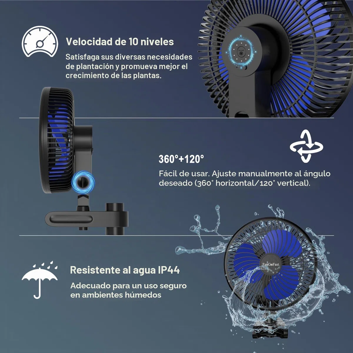 FanGoFast Clipfan/Ventilador con Clip 10W, Ventilador de Cultivo con Clip, Oscilación Manual EC Motor, 10 Velocidades, para Tienda de Cultivo
