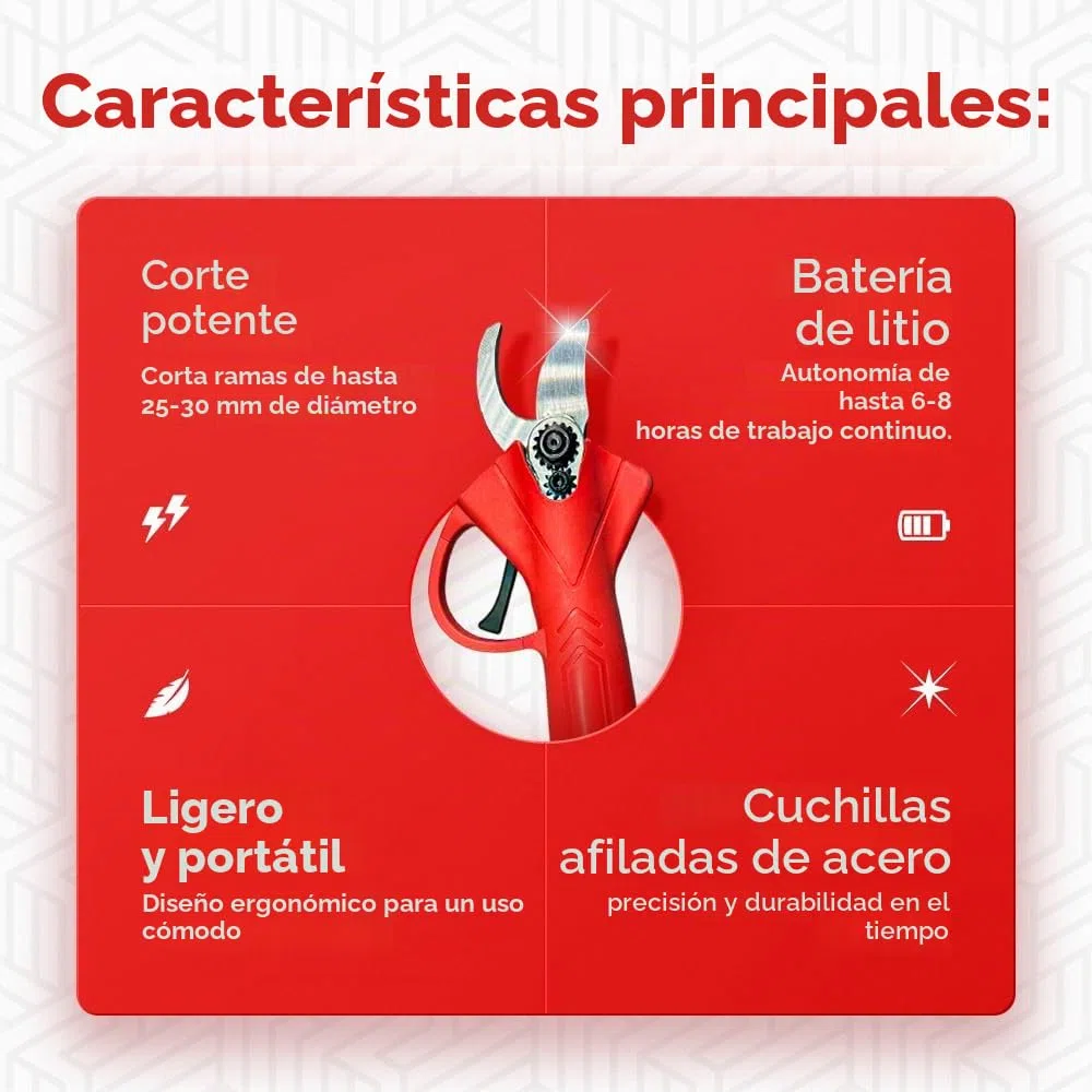 Tijeras de podar eléctricas con 2 baterías de 48 V y maletín, tijeras portátiles profesionales – Corte preciso y asistencia de batería inmediata (Rojo)