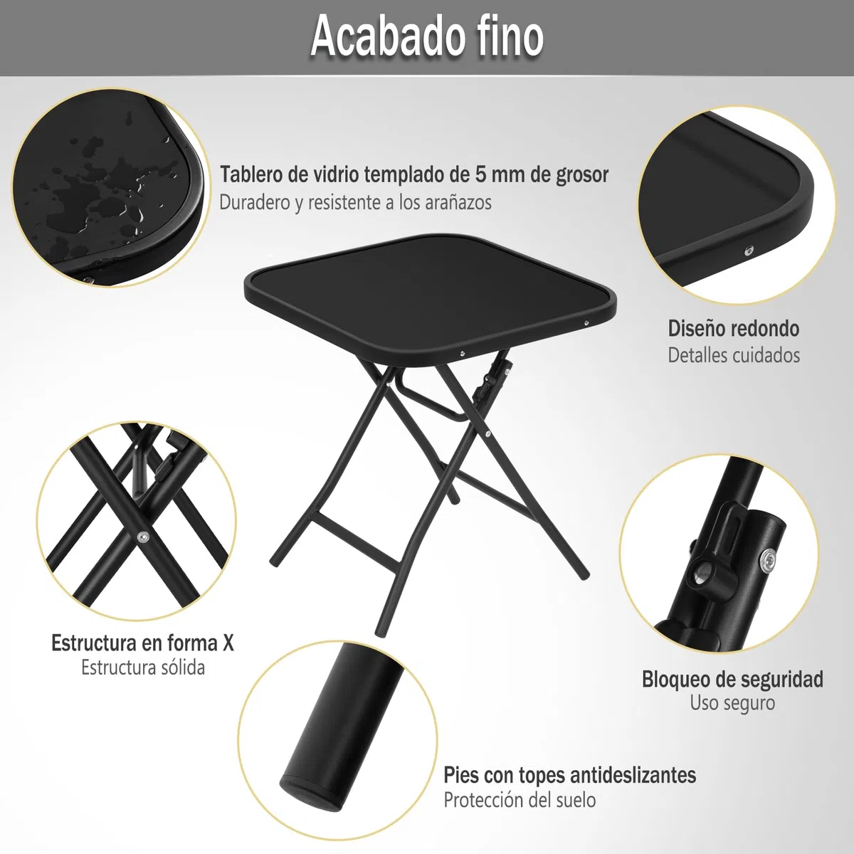 eSituro Mesa Auxiliar Plegable, Mesita de Jardin, Mesa Plegable Exterior Pequeña para Terraza, Balcón y Patio, Metal Tablero de Cristal, Cuadrada Negro 46x46x48cm