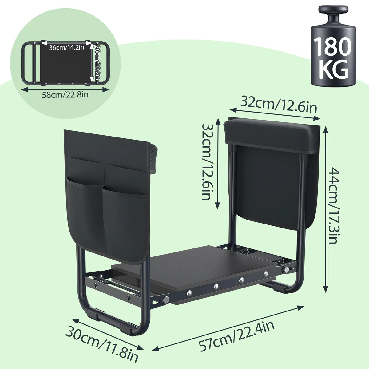 UISEBRT Taburete de jardín plegable – Banco de trabajo de jardín, silla de trabajo de jardín, asiento de trabajo, banco de trabajo con cojín de espuma y bolsa de herramientas de hasta 180 kg