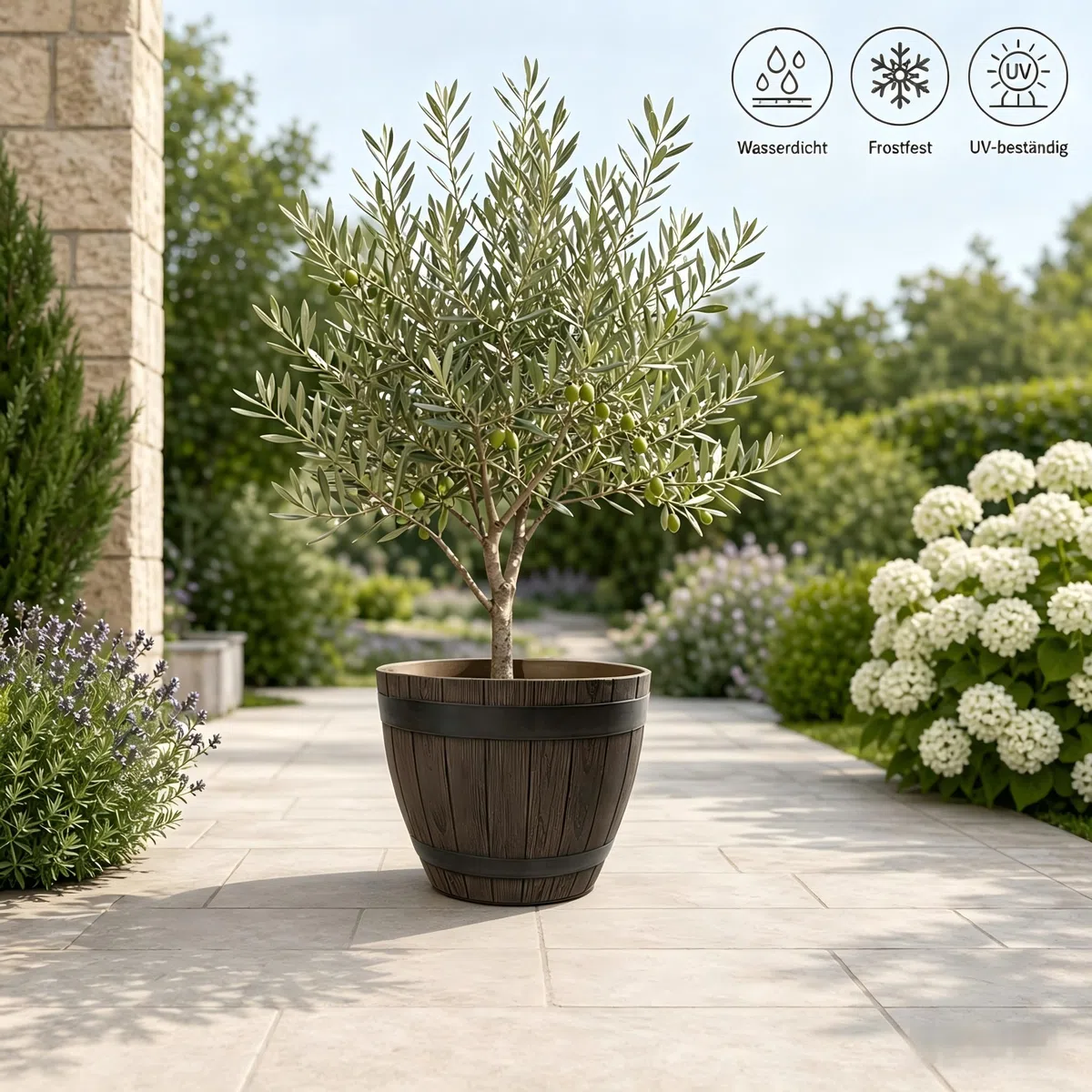 Macetero Grande Exterior de Plástico Efecto Madera - Color Castaño - Diseño Media Barrica - Ø 38 cm 19L - Maceta Resistente para Jardín, Terraza y Hogar
