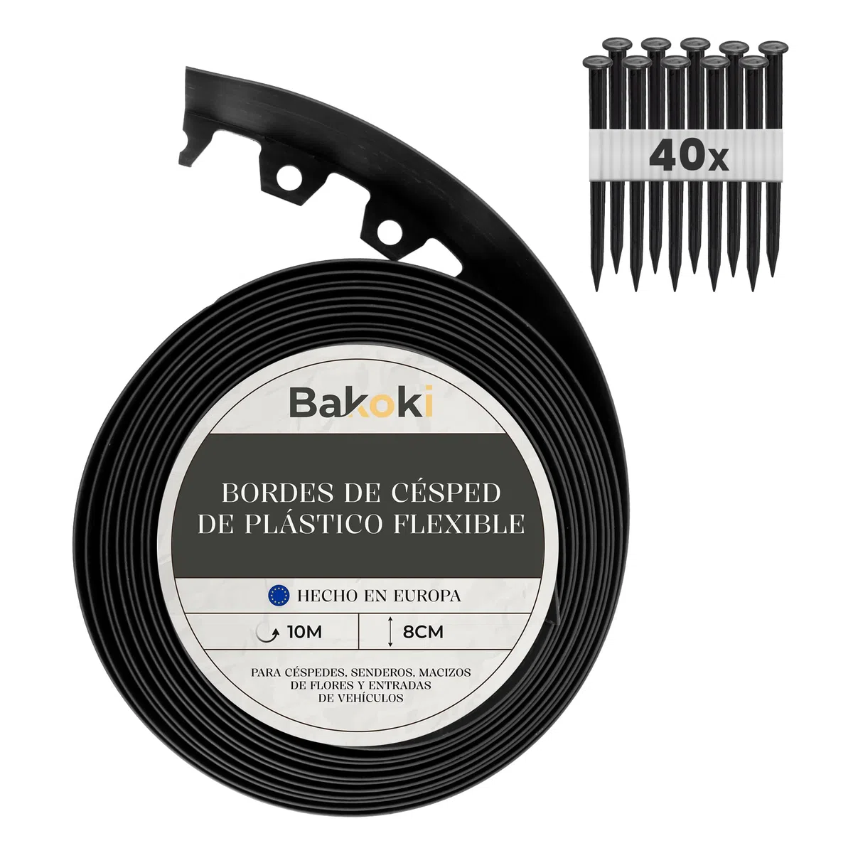 Borde Flexible para césped (10 m, 40 Anclajes de Tierra, 8 cm de Altura), de plástico Negro, Resistente a la Intemperie, Borde Redondo, bordillo Redondo para césped, remate de Corte