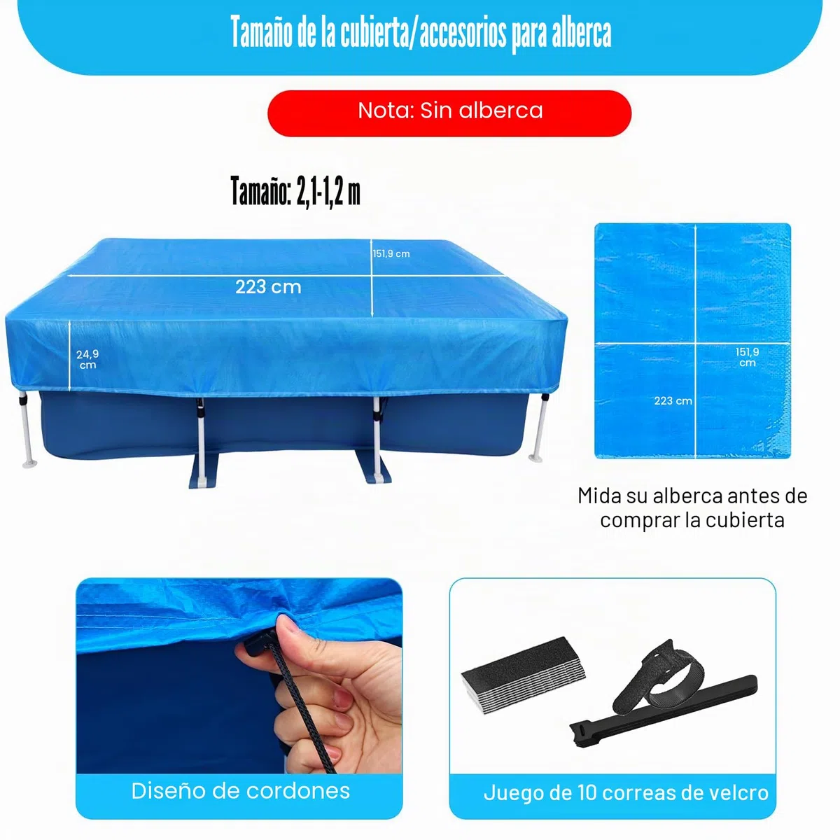 Cubierta de piscina para piscinas rectangulares de 220 x 150 cm, lona solar para verano e invierno, cubierta de piscina rectangular, lona rectangular para piscina de marco rectangular