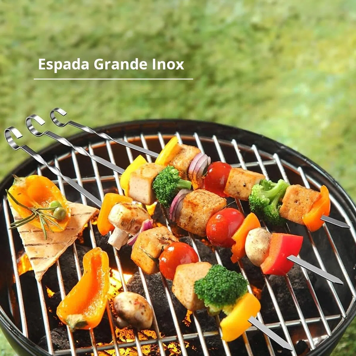 6 Espadas Inox Grande - 43 cm - Pieza para Brochetas de Barbacoa de Acero Inoxidable - Para Asar Pinchos de Carnes y Verduras - Resistente - Hostelnovo