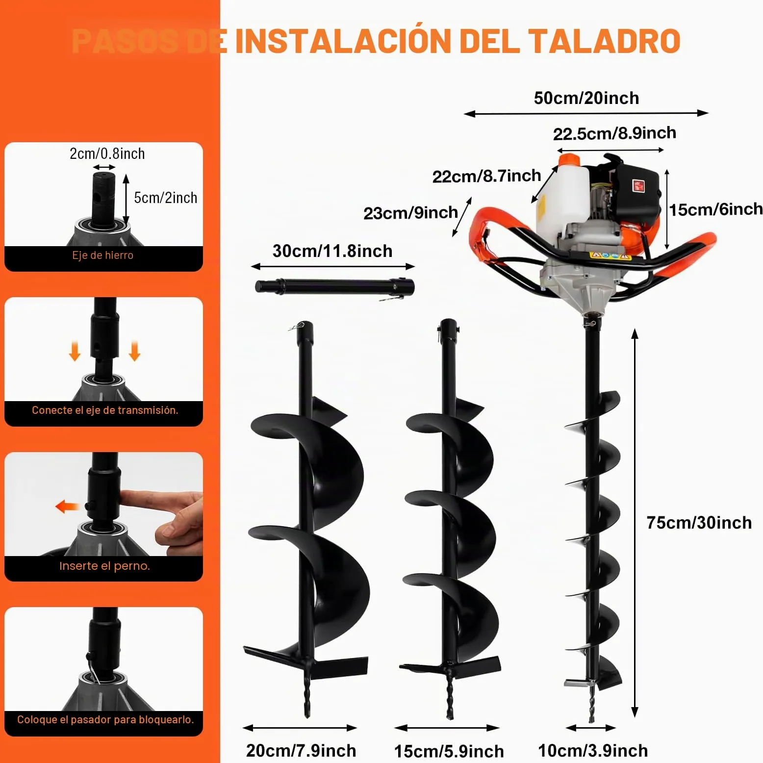 Ahoyadora Gasolina 52cc, Motor de 2 Tiempos, Taladro de Gasolina con 3 Brocas de 4/6/8 Pulgadas, Taladro de Tierra Ahoyador Gasolina
