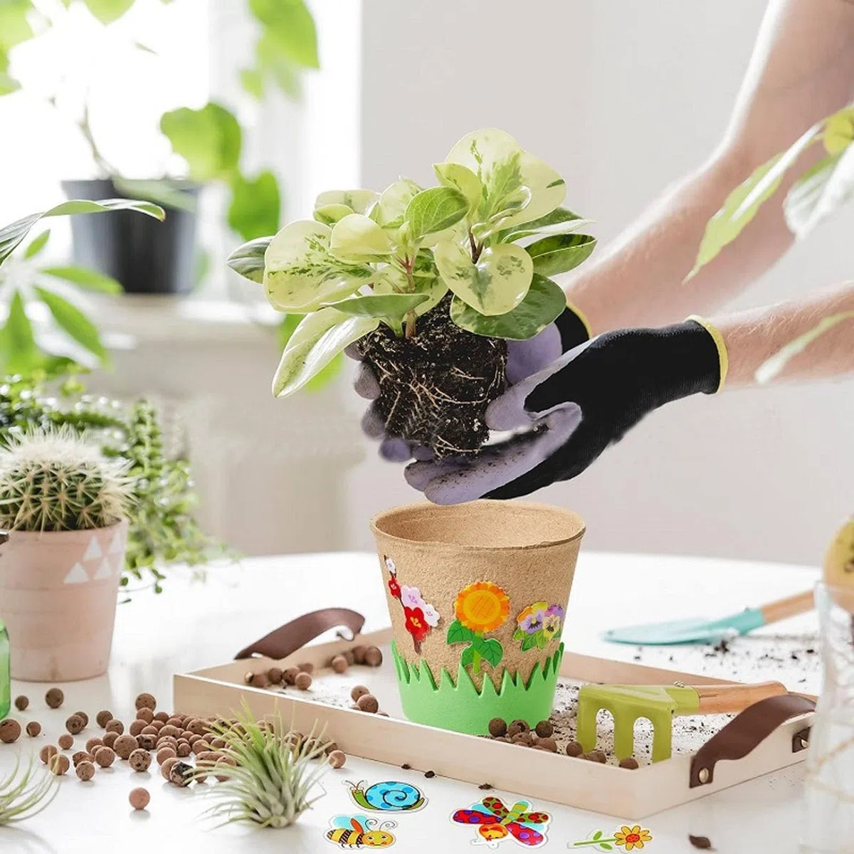 10 macetas de cultivo de pintura DIY. Macetas redondas de aprox. 8 cm. Macetas de cultivo biodegradables. Macetas pequeñas con 2 vallas verdes de 100 cm y 4 pegatinas.