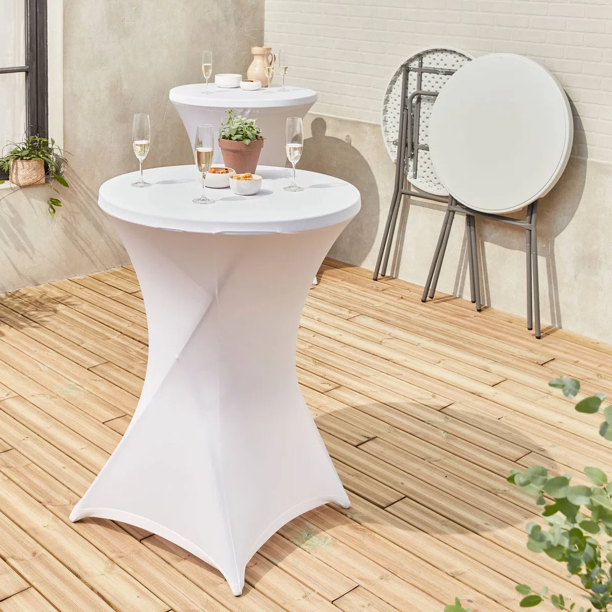 Alice's Garden sweeek - Mesa Alta Plegable con Funda Protectora para Eventos, Set de 2, Gala + Cobertura x2, Blanco, 81x81x110 cm