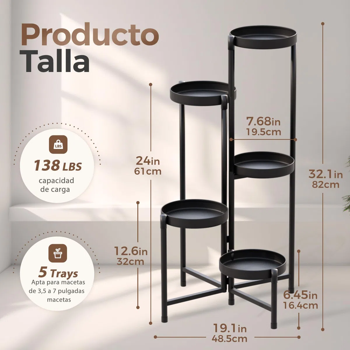 Bamworld Soporte Plantas Interior y Exterior de Metal Negro para Múltiples Plantas ,Estantería Metálica Plegable 5 Niveles para Jardín, Balcón, Patio | Estanterías Metálicas, Jardineras de Balcón