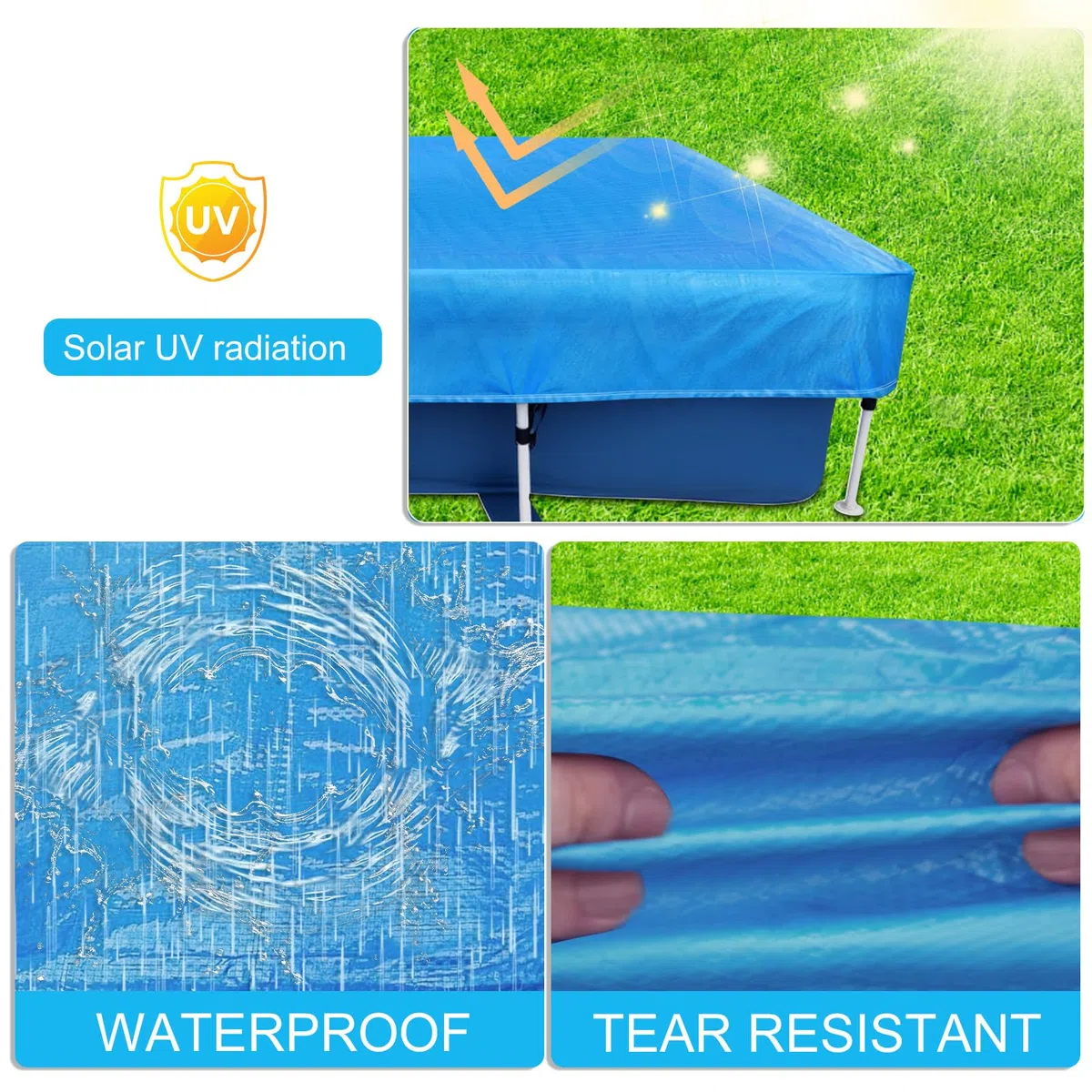Cubierta de piscina para piscinas rectangulares de 220 x 150 cm, lona solar para verano e invierno, cubierta de piscina rectangular, lona rectangular para piscina de marco rectangular
