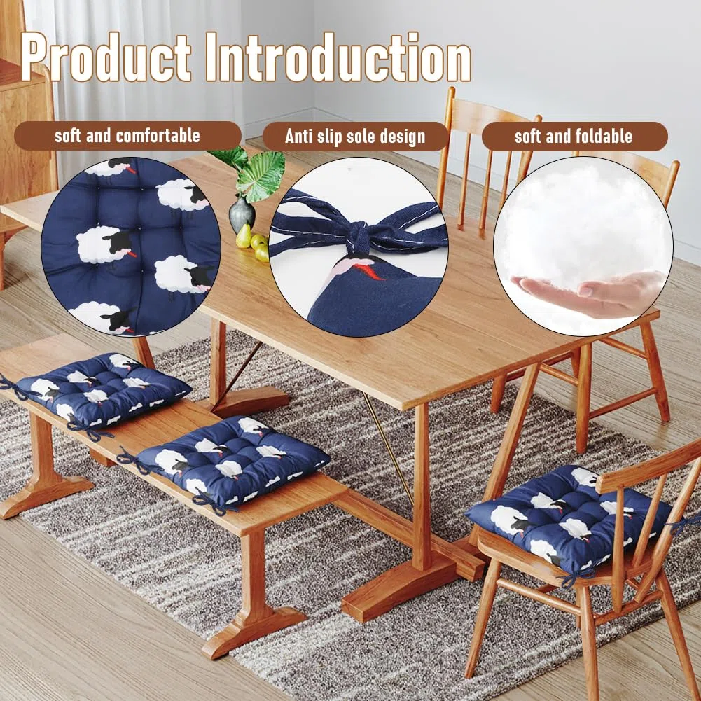 Set de 4 Cojines para Sillas de Comedor 40x40 cm - Cojines Exterior/Interior con Lazos, Relleno de Asiento Ideal para Terraza, Jardín, Salón o Restaurante (Ovejas Azules)