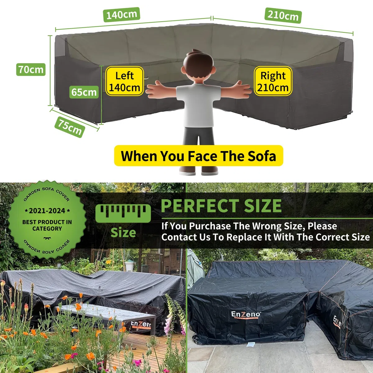 Enzeno Fundas de sofá de jardín en Forma de L, Impermeables, Tela Oxford 420D, Funda de sofá para Exteriores, Cubierta de Muebles de Esquina de ratán con Cinta Impermeable (140 x 210 x 75 cm), Lado…
