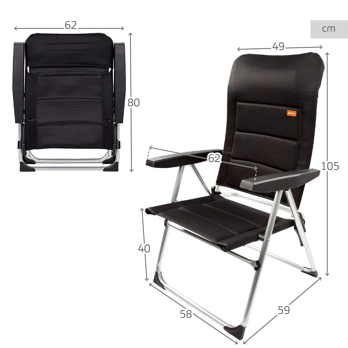 AKTIVE 62292 - Silla Plegable Acolchada Negra, para terraza, balcón, Patio o jardín, Medidas 62 x 48 x 39/105 cm, Material Aluminio y 100% poliéster, antivuelco, Peso máximo 110 kg
