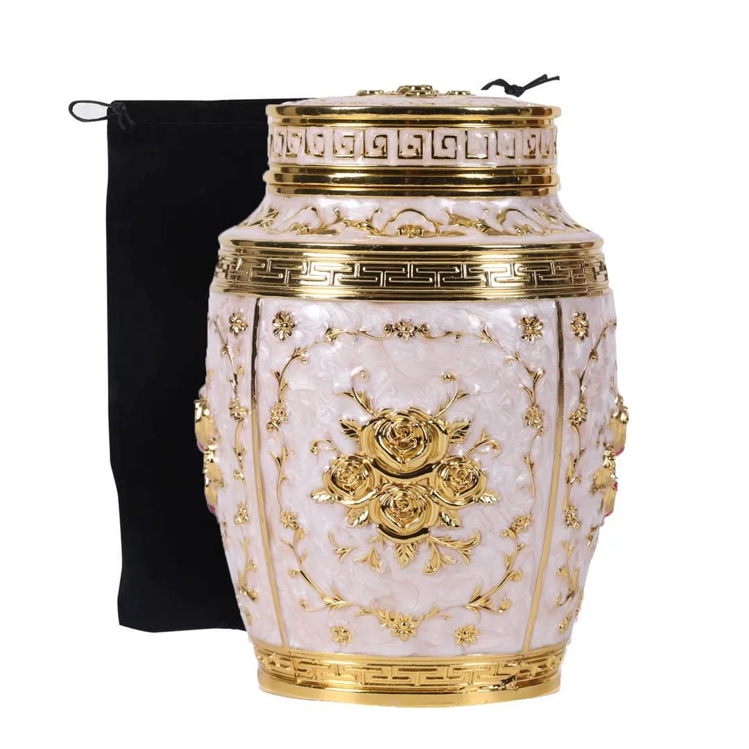 Urna mediana para cenizas humanas, urna de cremación de flores de rosa, hermosas urnas de recuerdo, urna funeraria hecha de aleación de zinc, capacidad para 70 pulgadas cúbicas de cenizas, adecuada