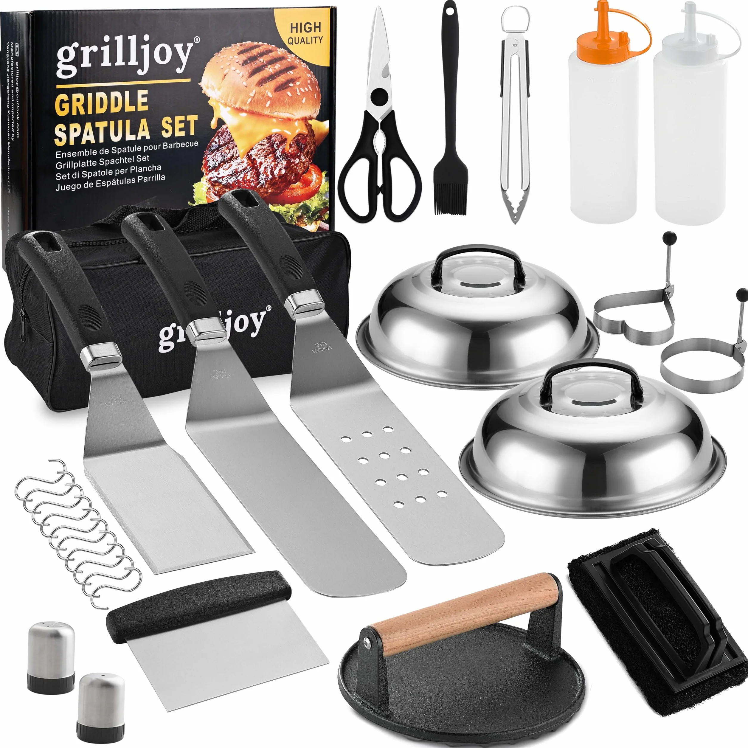 grilljoy Kit de Accesorios Barbacoa de Acero Inoxidable, Juego de Utensilios Barbacoa, Kit Smash Burger, Espátulas para Plancha, Smash Burger Press, 28 Kit Utensilios Barbacoa para Hombres