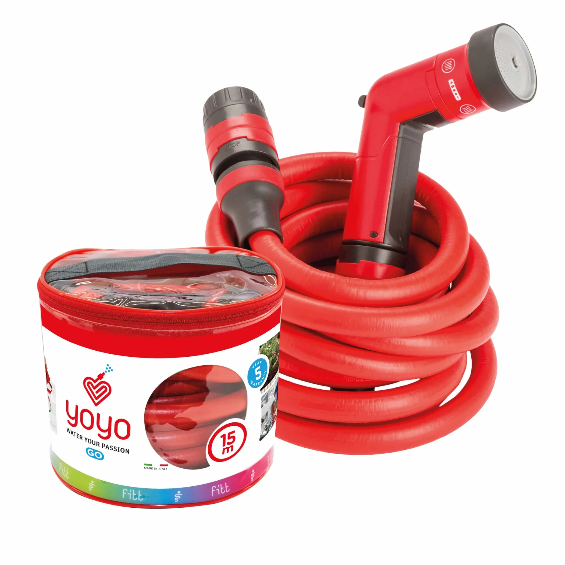 FITT YOYO 15 m, Manguera de Agua de Jardín Extensible para Riego con Pistola Multichorro, Rojo