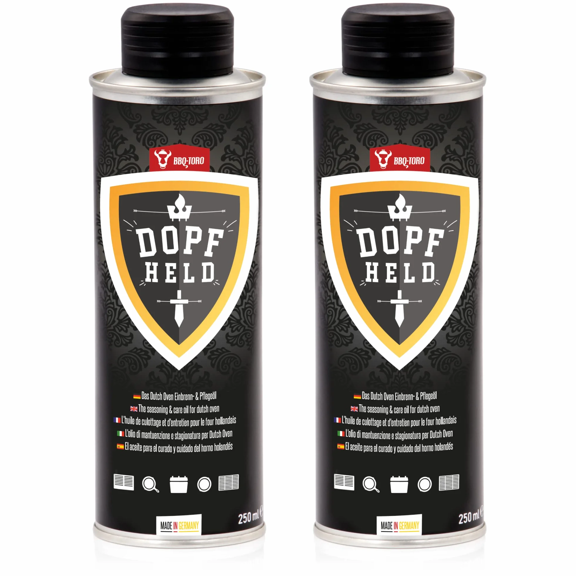 BBQ-TORO Aceite DOPFHELD para el Cuidado del Hierro Fundido y Accesorios de Barbacoa | 2X 250 ml | Limpieza y Cuidado para el Horno Holandés, Sartenes, Ollas y más | Prevención de la Roya