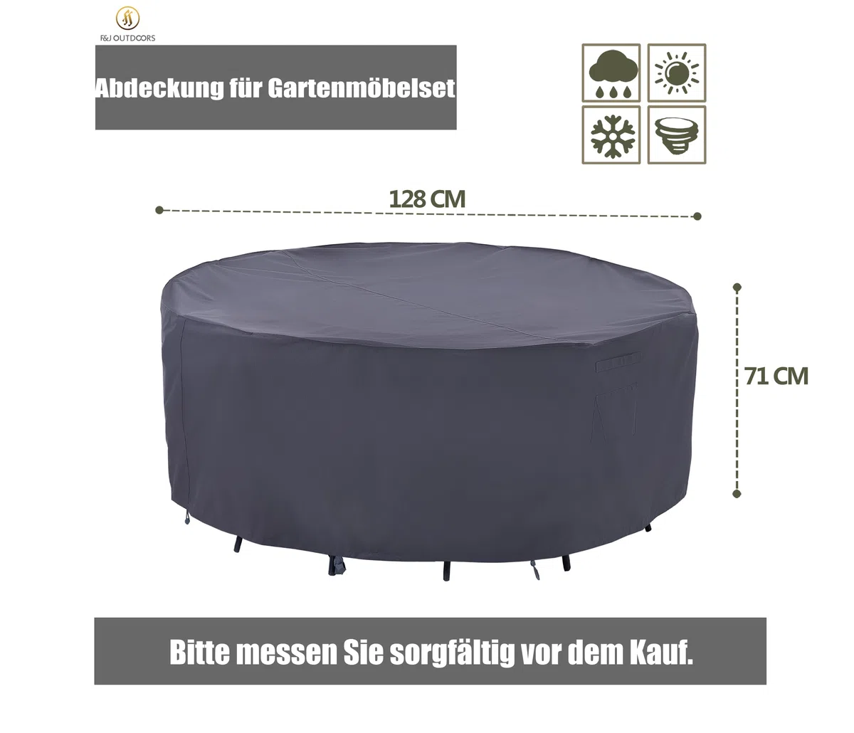 F&J Outdoors Funda Protectora para Mesas de Jardín, Impermeable Robusta, Resistente al Desgarro, Protección contra Nieve y UV, Redonda, Resistente al Clima de Verano e Invierno 128x71cm Gris