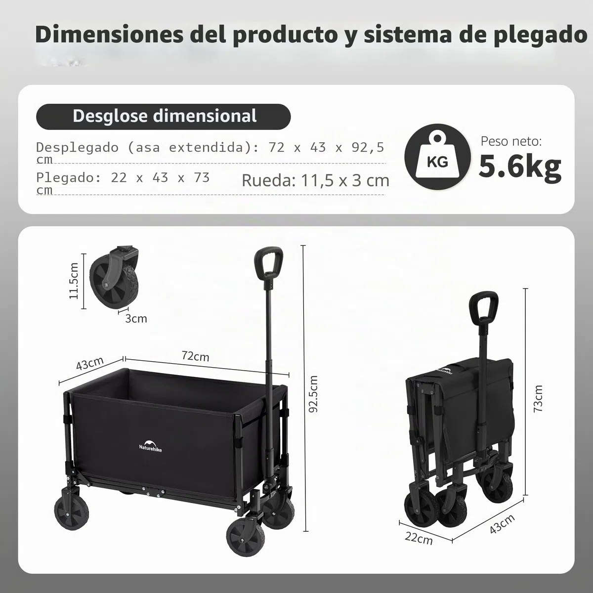 Naturehike 120kg Carro Playa Plegable con Ruedas Grandes, Carrito Camping Transporte para Jardín, Gran Vagón Plegable con Manija Ajustable & Bolsillos